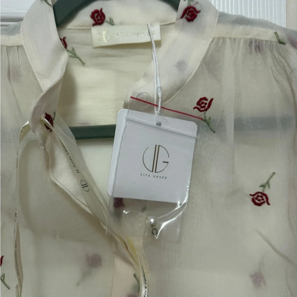 Chic Sheer Blouse with Red Floral Accents and skirt - Picture 4 of 7